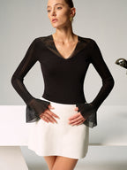 Sheer Paneled Bell Sleeve Knit Top