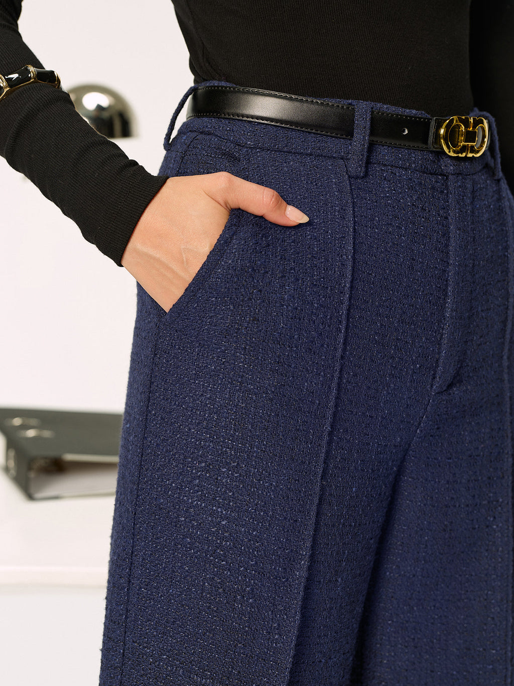 Mid-Waist Tweed Straight-Leg Pants without Belt