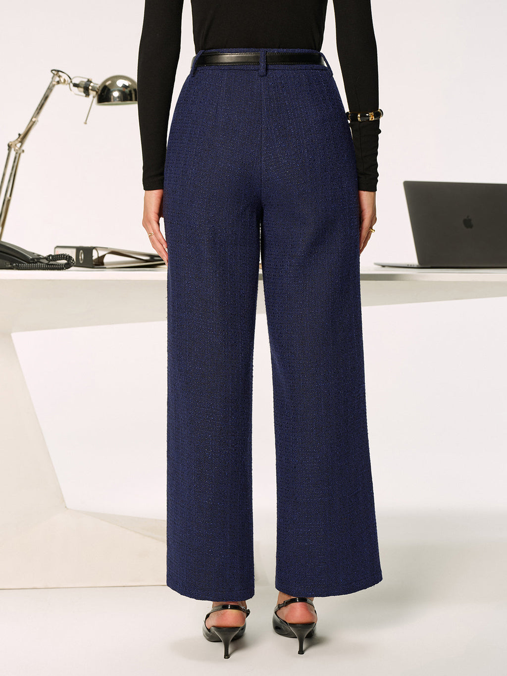 Mid-Waist Tweed Straight-Leg Pants without Belt