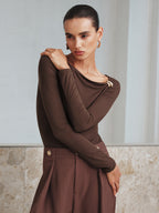 Metal Detail Asymmetric Neckline Bodysuit