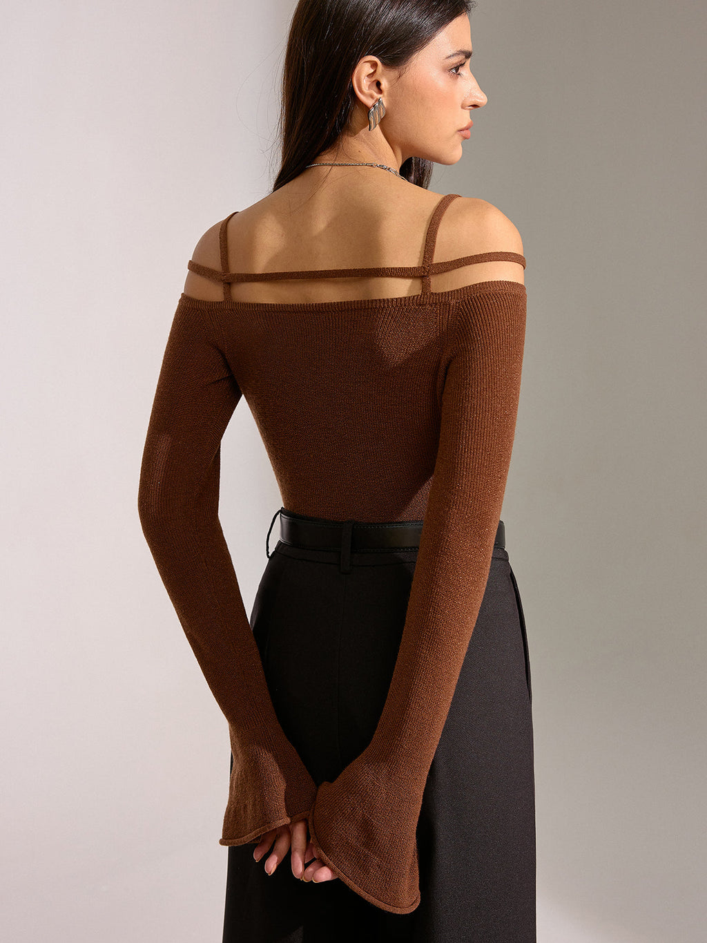 Flared Cuff Wool Blend Off-Shoulder Knit Top