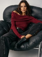 Off-Shoulder Ruched Wool Blend T-Shirt