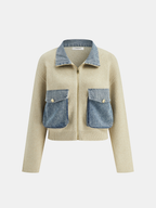 Denim Panel Zipper-Front Knit Cardigan