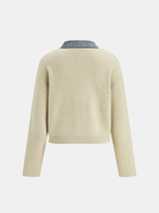 Denim Panel Zipper-Front Knit Cardigan