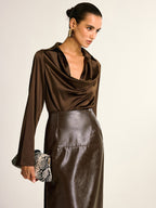 Satin Cowl Neck Long Sleeve Shirt