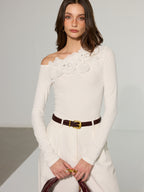 Off-Shoulder 3D Floral Embellished T-Shirt