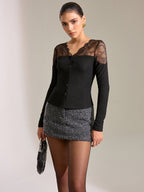 Lace Panel Ribbed Knit T-Shirt