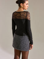 Lace Panel Ribbed Knit T-Shirt