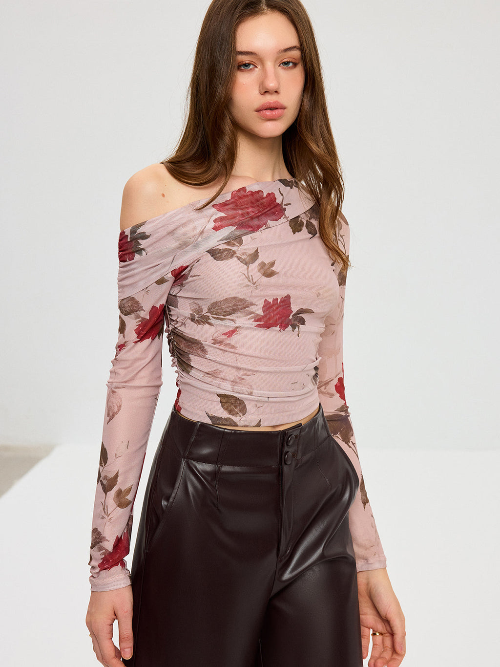 Floral Print Off-Shoulder Mesh T-Shirt