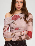 Floral Print Off-Shoulder Mesh T-Shirt