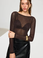 Sheer Mesh Glitter Long Sleeve T-Shirt
