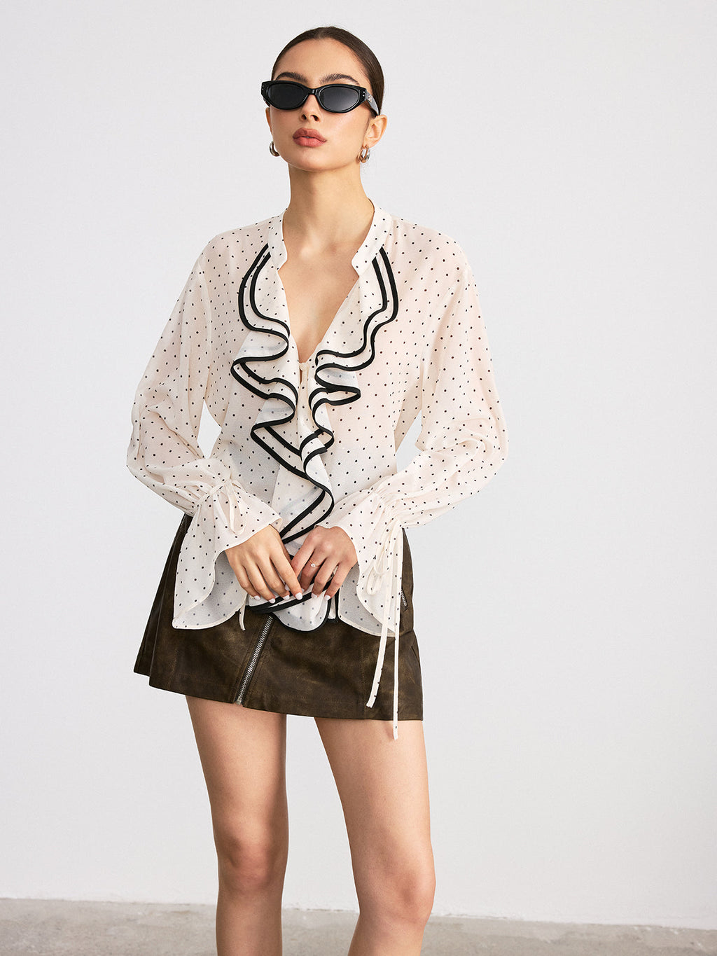 Ruffle Polka Dot Long Sleeve Shirt