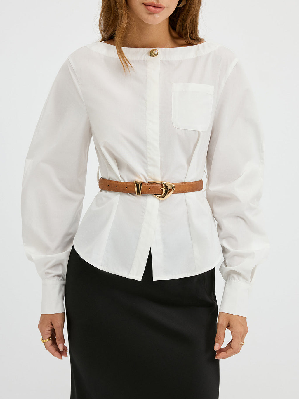 Boat Neck Curved Sleeve Belted Shirt