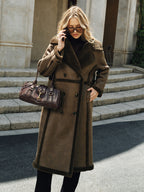 Double-Breasted Fleece Lined Faux Leather Longline Coat