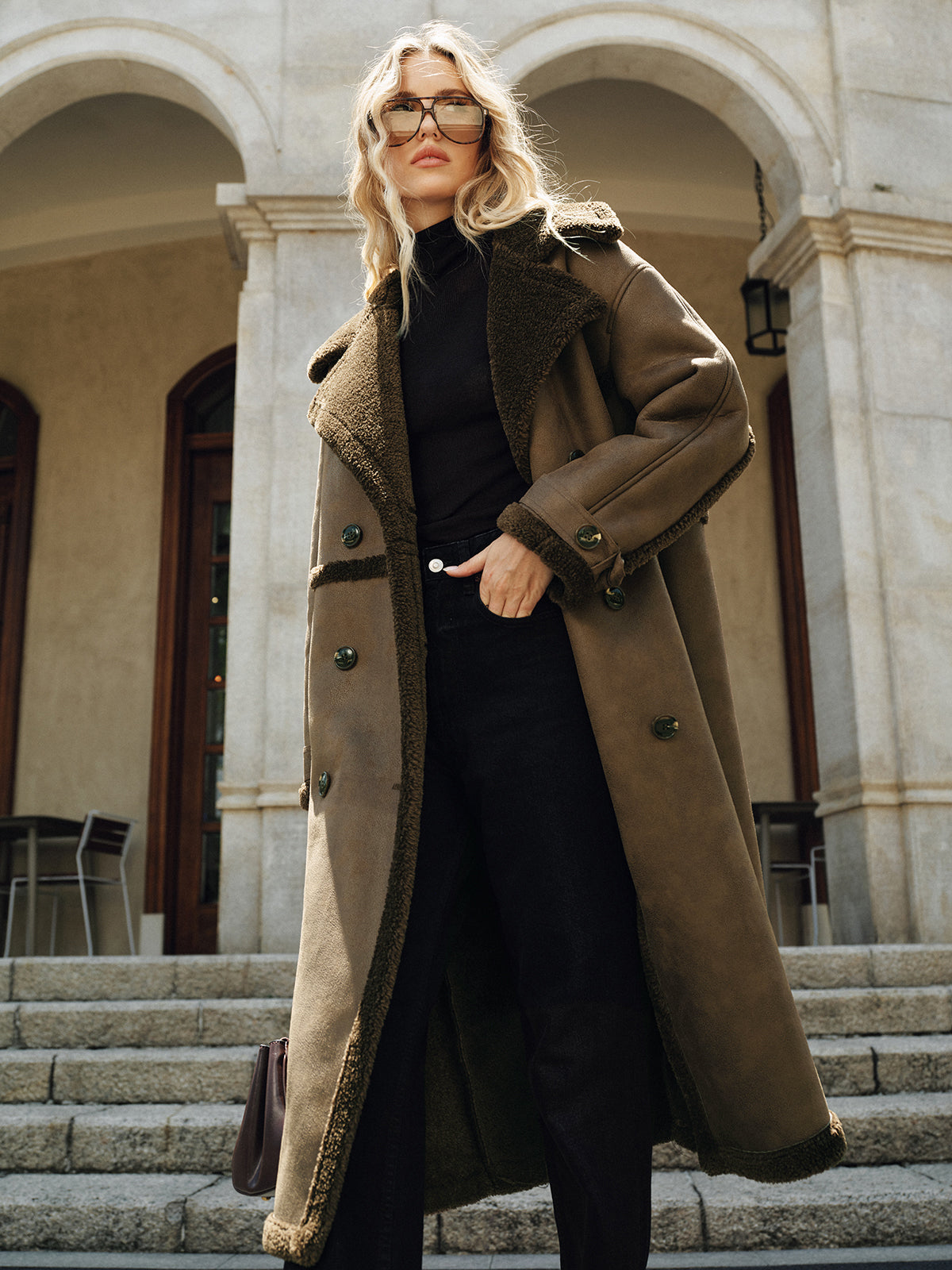 Double-Breasted Fleece Lined Faux Leather Longline Coat