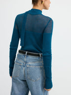 Sheer Panel Tie Neck Wool Blend Knit Top
