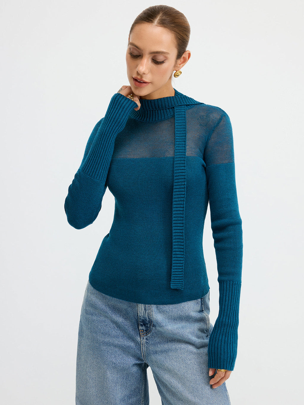 Sheer Panel Tie Neck Wool Blend Knit Top