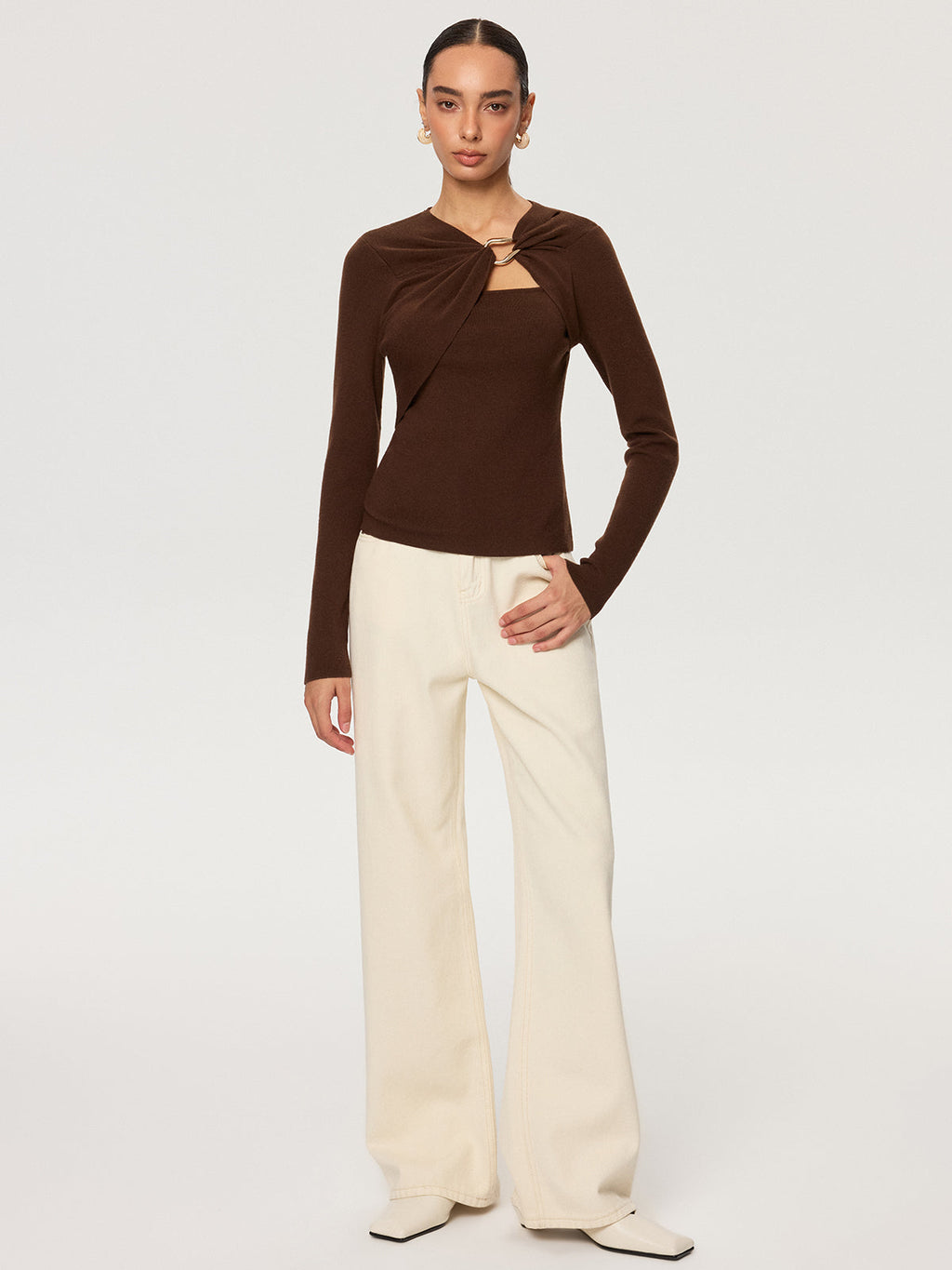 Metal Ring Detail Long Sleeve Knit Top