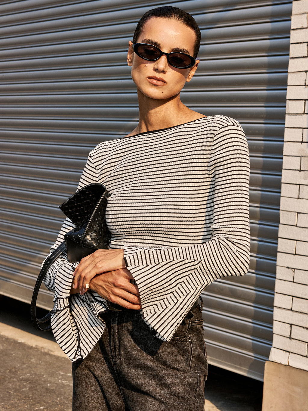 Flared Cuff Backless Striped Top
