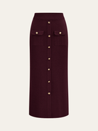 Metal Button Collared Cardigan and Midi Skirt Set