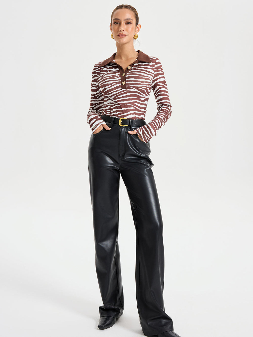 Zebra Print Long Sleeve Polo Shirt
