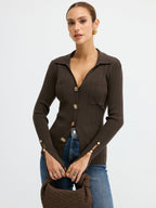 Polo Neck Ribbed Knit Top