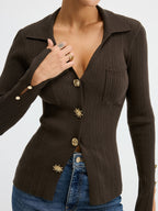 Polo Neck Ribbed Knit Top