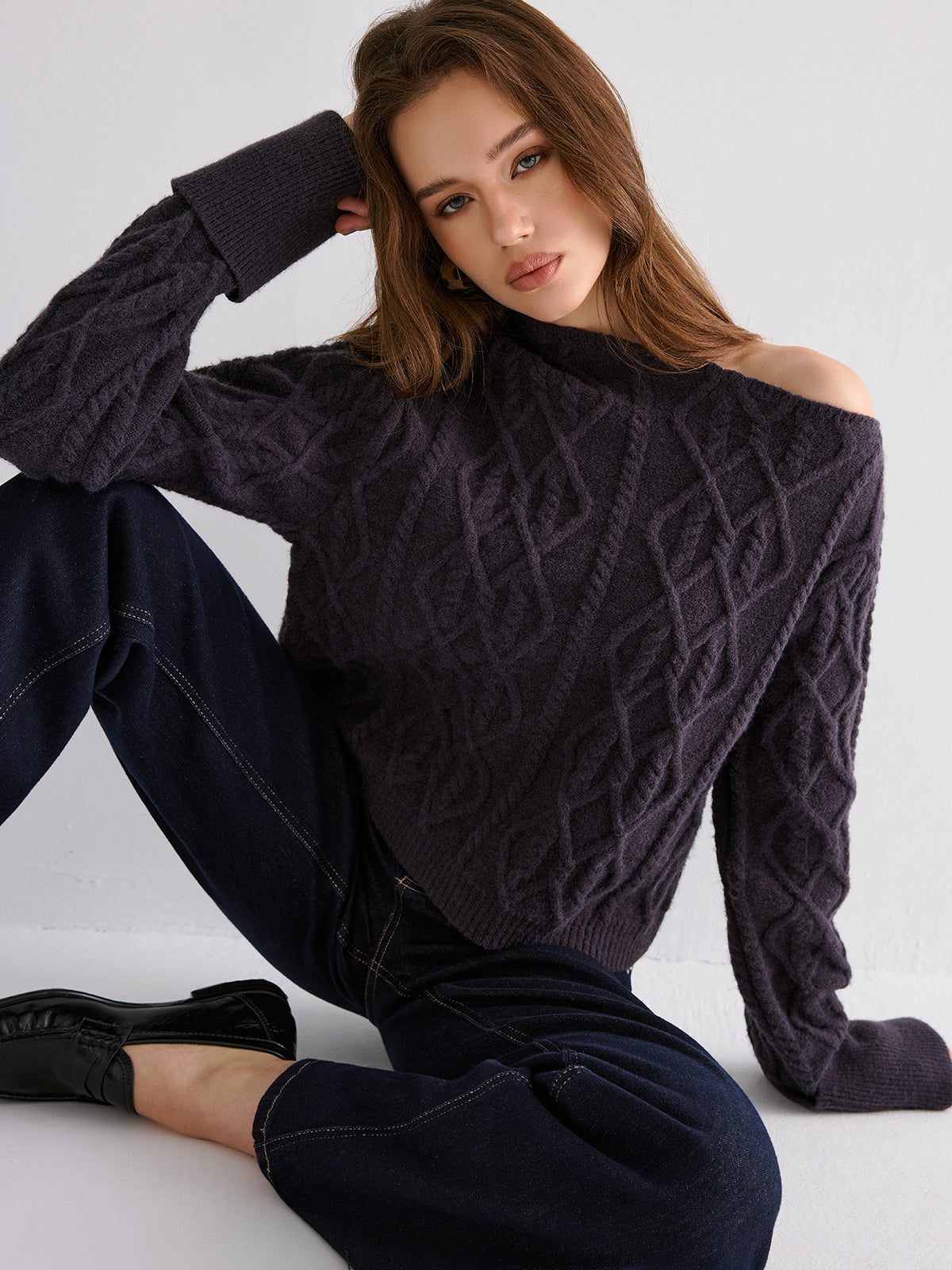 Cable Knit Off-shoulder Sweater