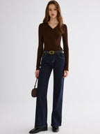 Minimal Zipper V-neck Long Sleeve Top