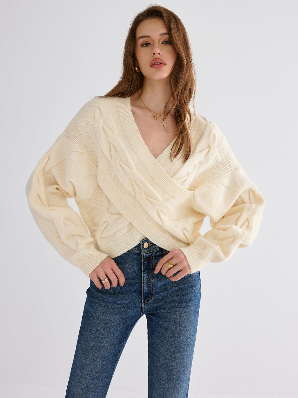 Cable Knit Cross-Front V-Neck Sweater