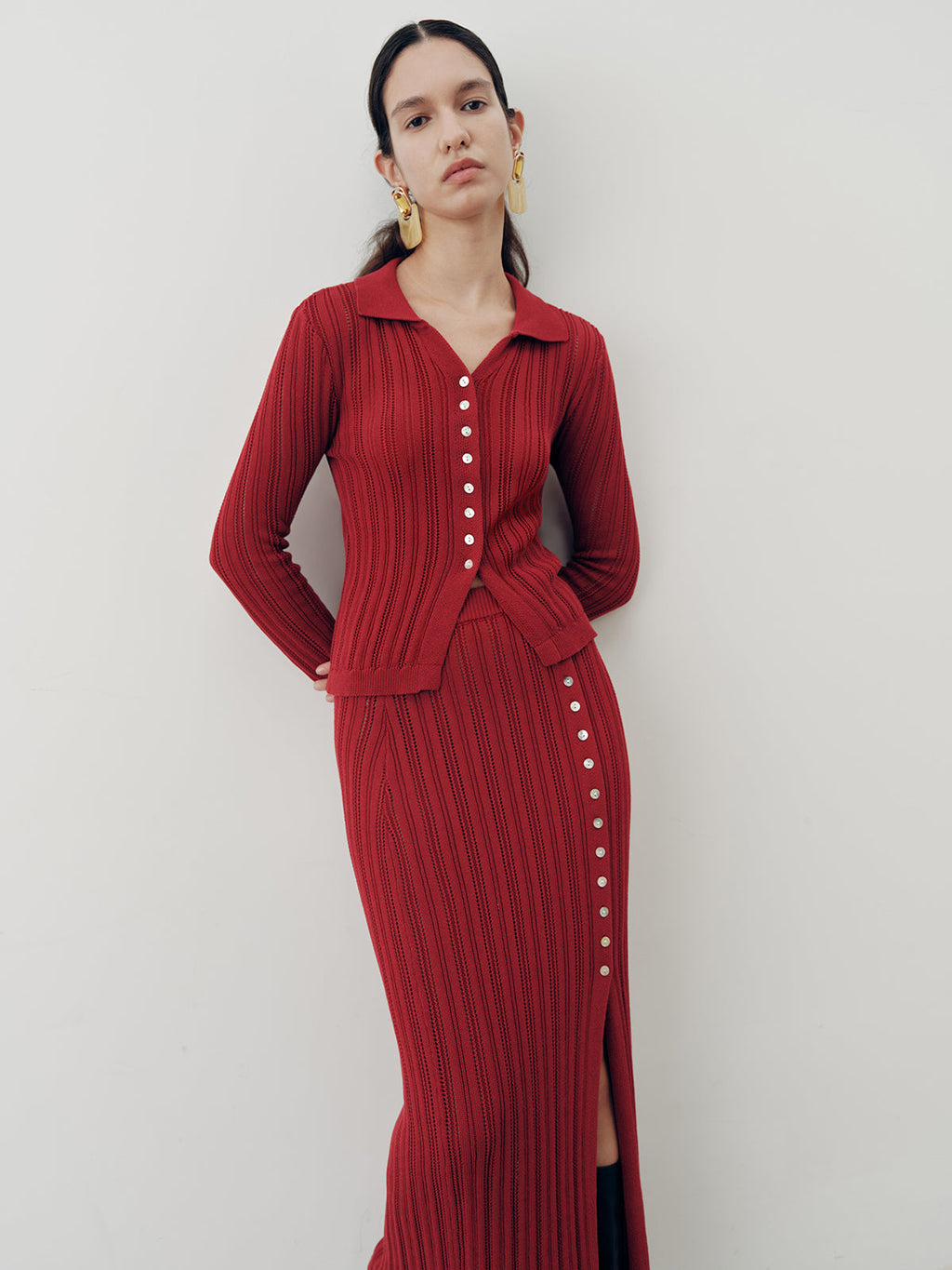 Collared Knit Top and Slit Skirt Set