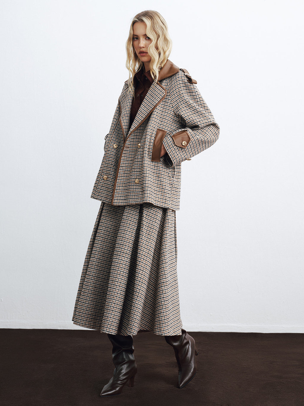 High-Waist Belted Houndstooth Wide-Leg Pants