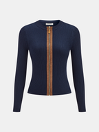 Zip-Front Suede Panel Ribbed Knit Top