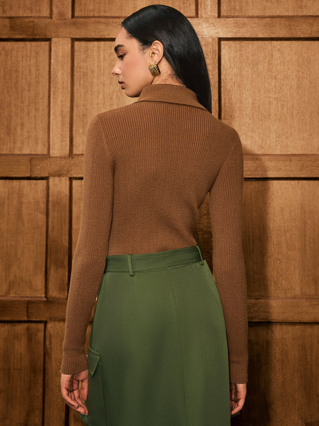 Wool Blend Collared Long Sleeve Knit Top