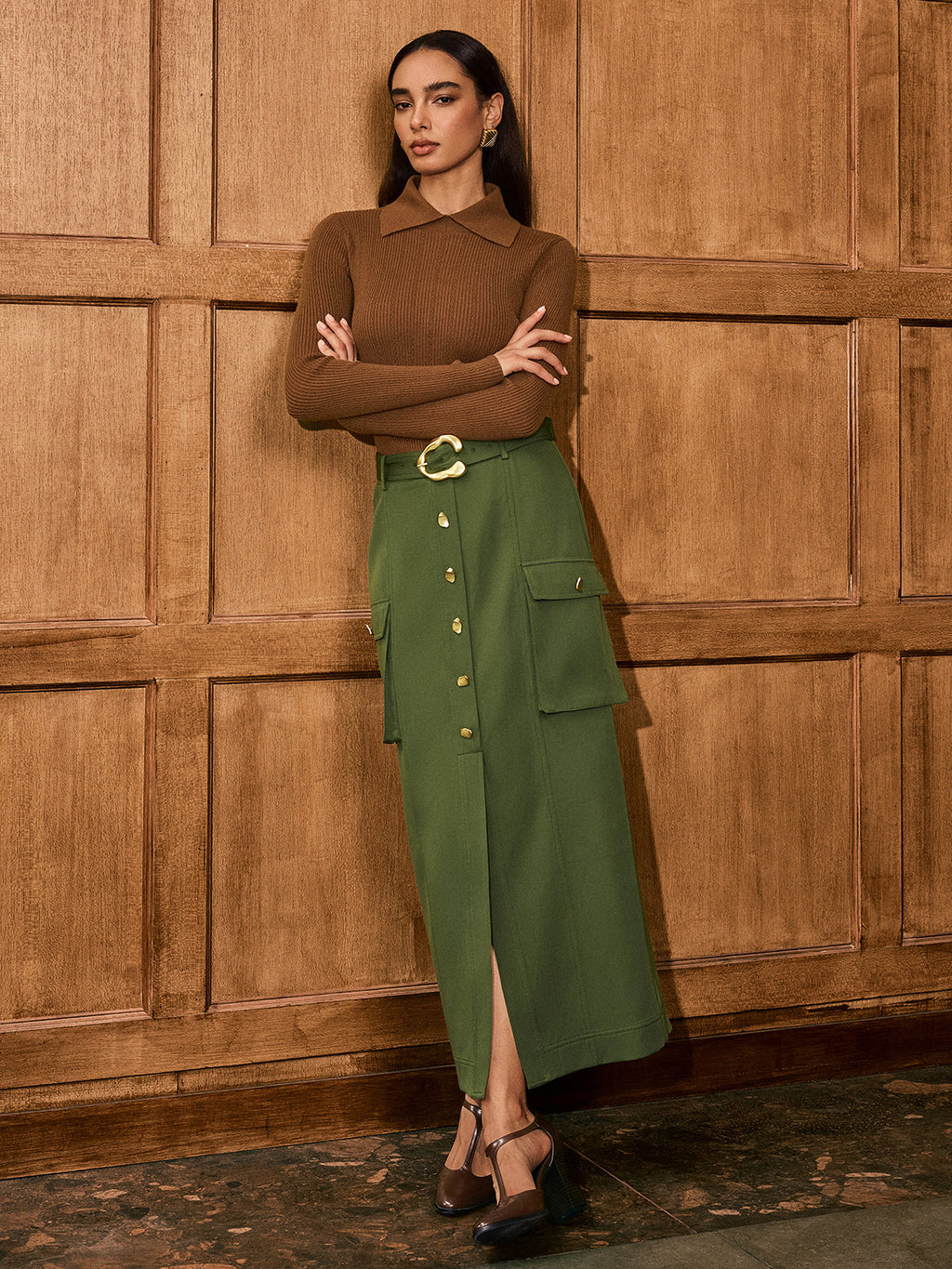 Metal Button Belted Slit Maxi Skirt