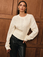 Cinched Waist Cable-Knit Wool-Blend Sweater