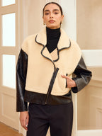 Faux Leather Panel Shearling Jacket