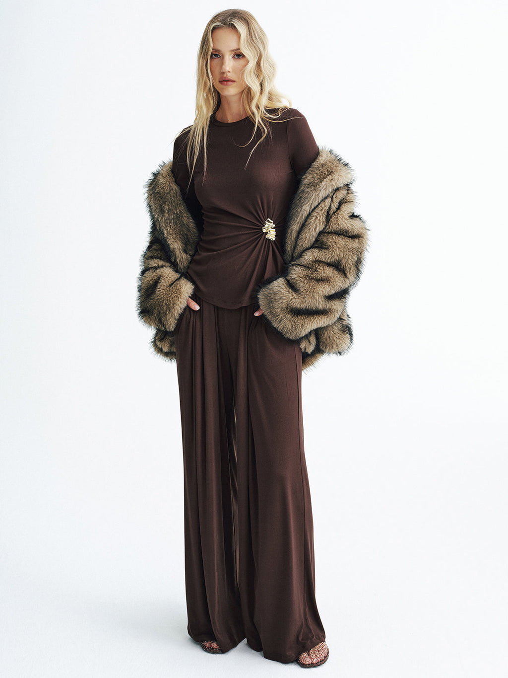 Metal Detail Top and Wide-Leg Pants Set