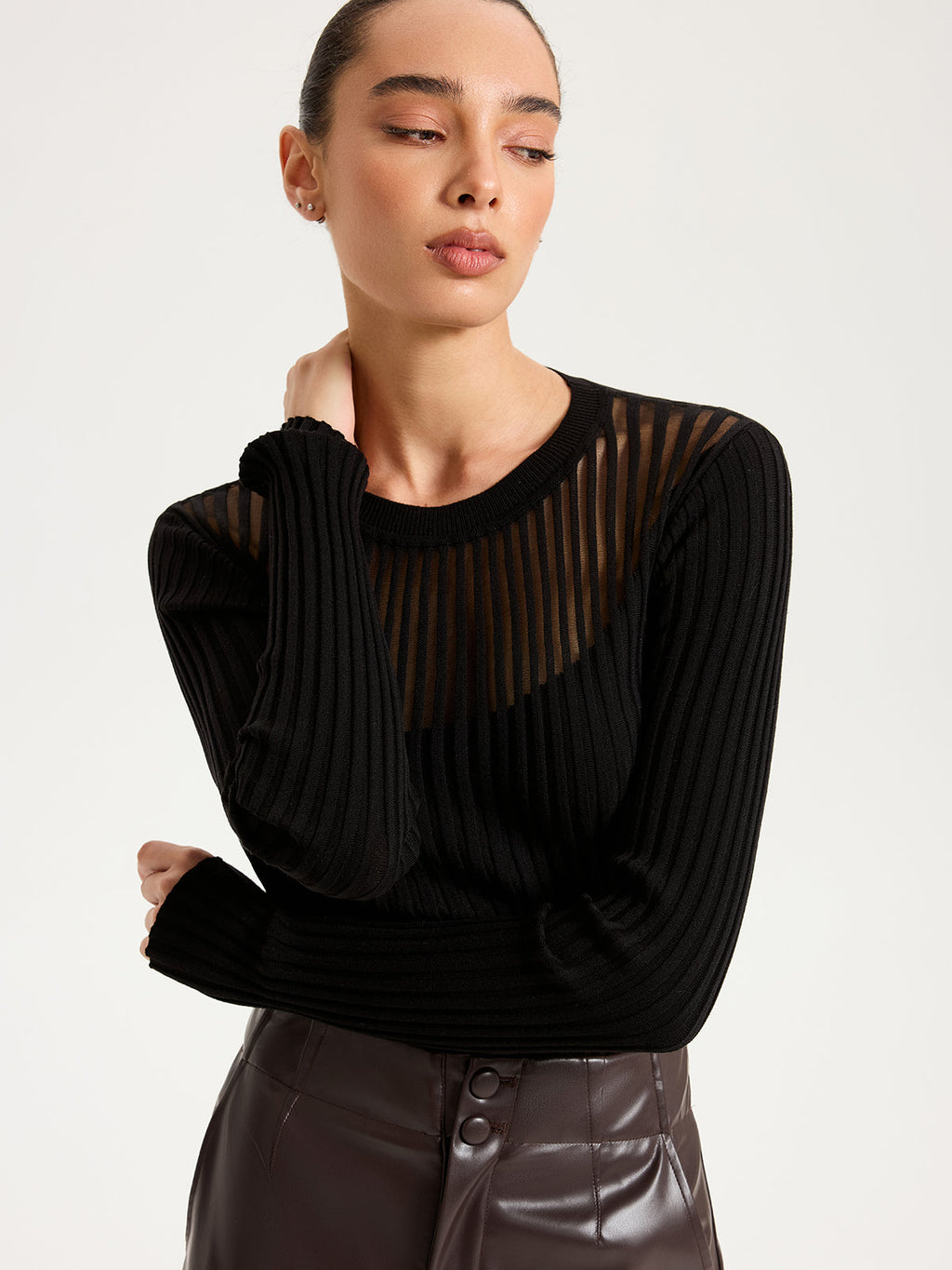 Sheer Panel Ribbed Knit Top