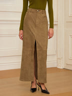 Suede Effect Slit-Front Maxi Skirt