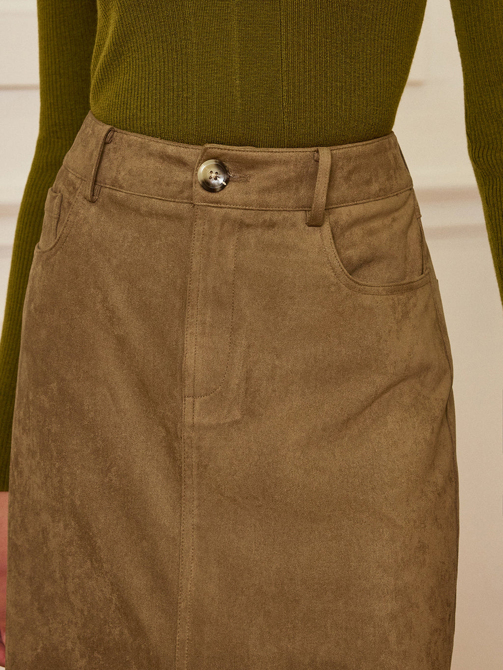 Suede Effect Slit-Front Maxi Skirt