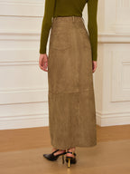 Suede Effect Slit-Front Maxi Skirt