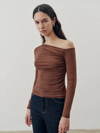 Off-Shoulder Fitted Ruched Long Sleeve Top