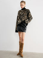 Wool Blend Leopard Turtleneck Knit Top