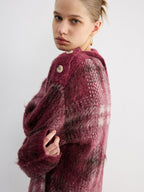 Wool Blend Plaid Asymmetric Collar Buttoned Sweater
