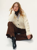 Wool Blend Cable Knit V-Neck Button Cardigan