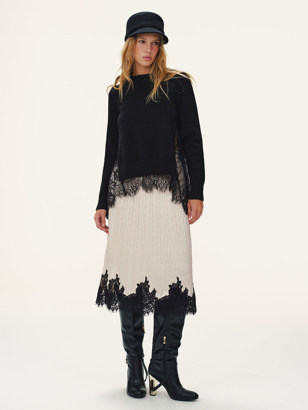 Lace Hem Pleated Midi Skirt
