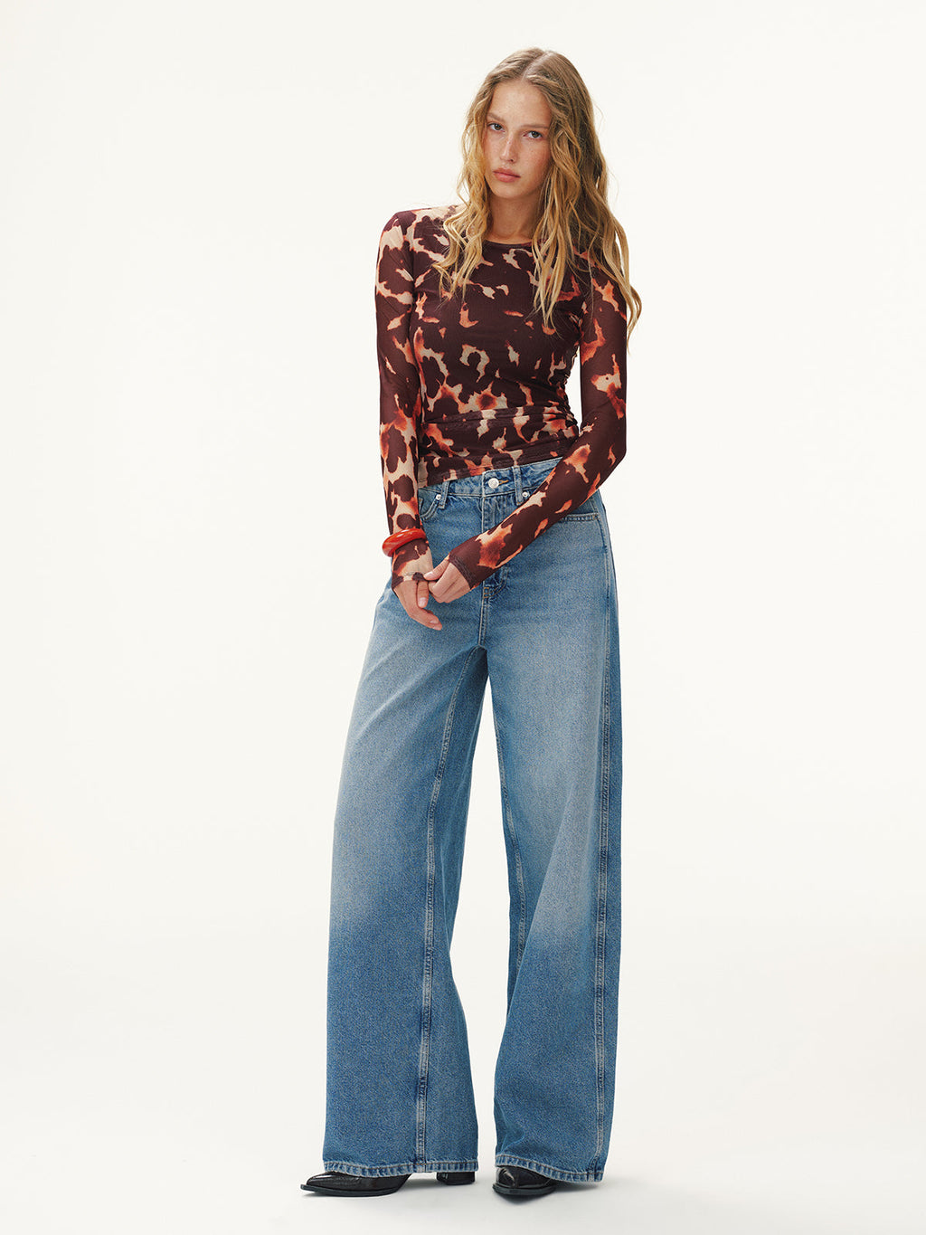 Leopard Print Mesh Fitted Long-Sleeve Top