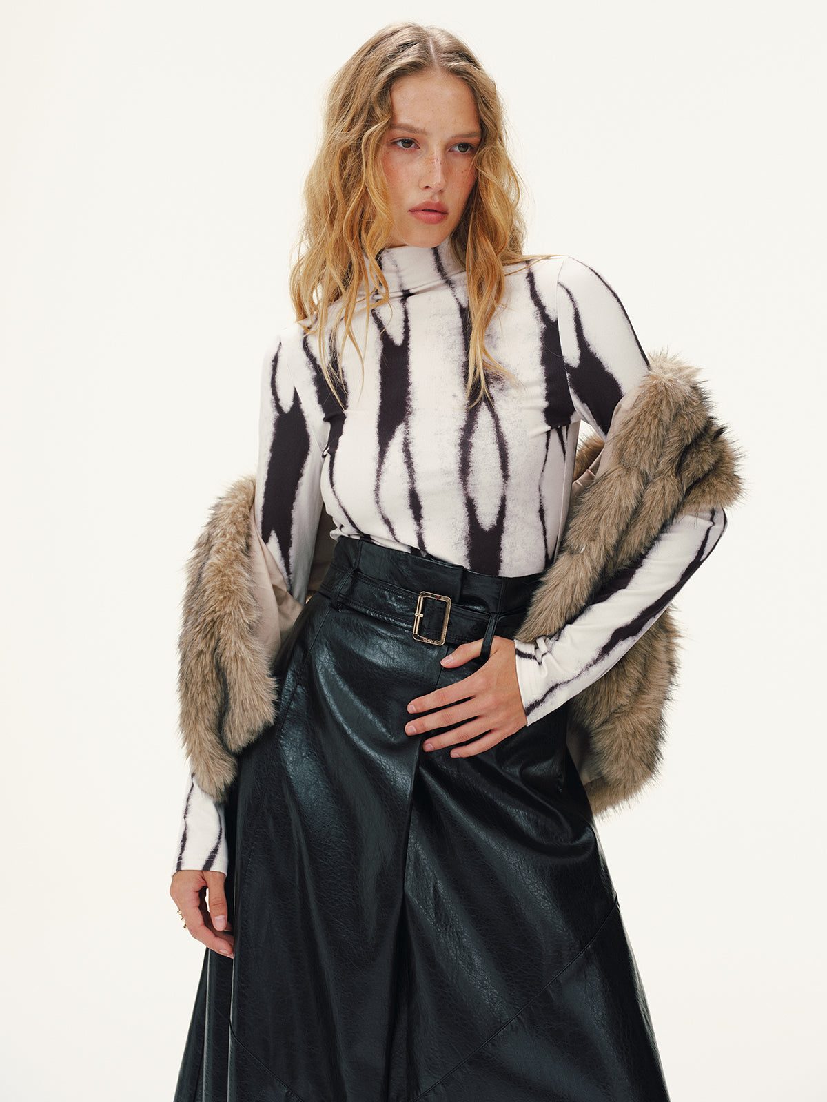 Zebra Print Turtleneck Long-Sleeve Top