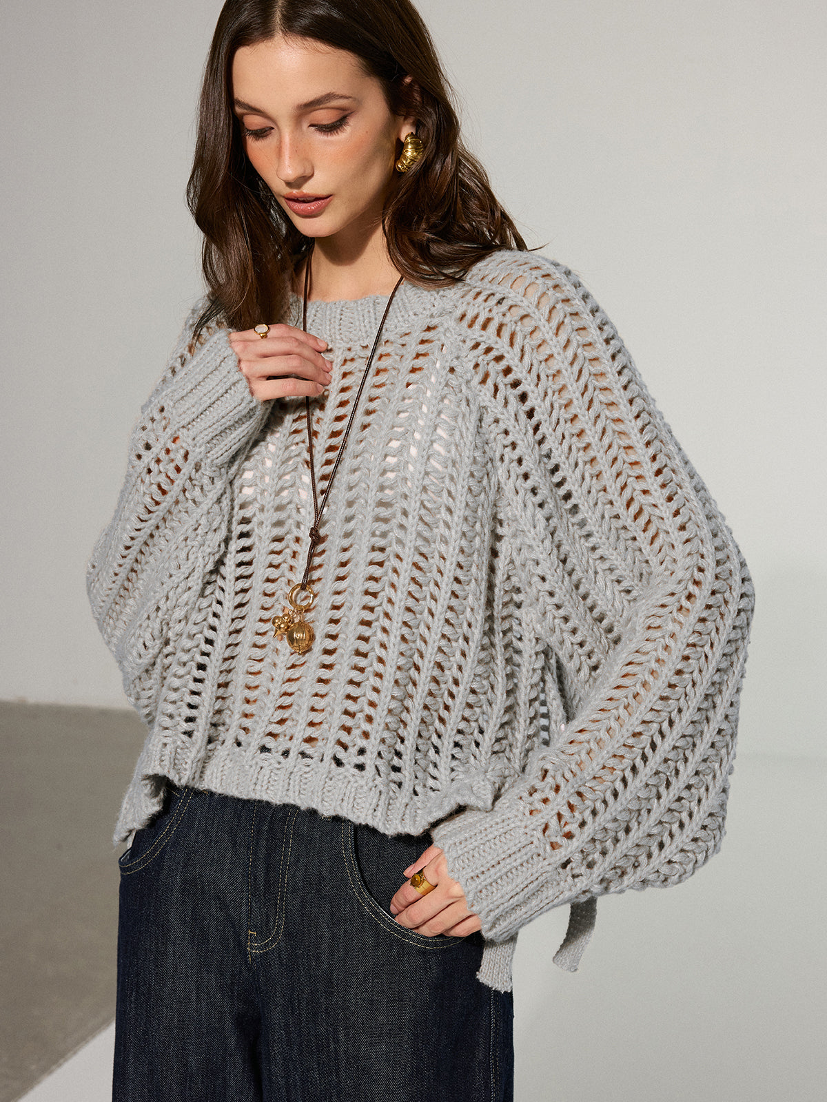 Side Tie Oversized Open-Knit Sweater